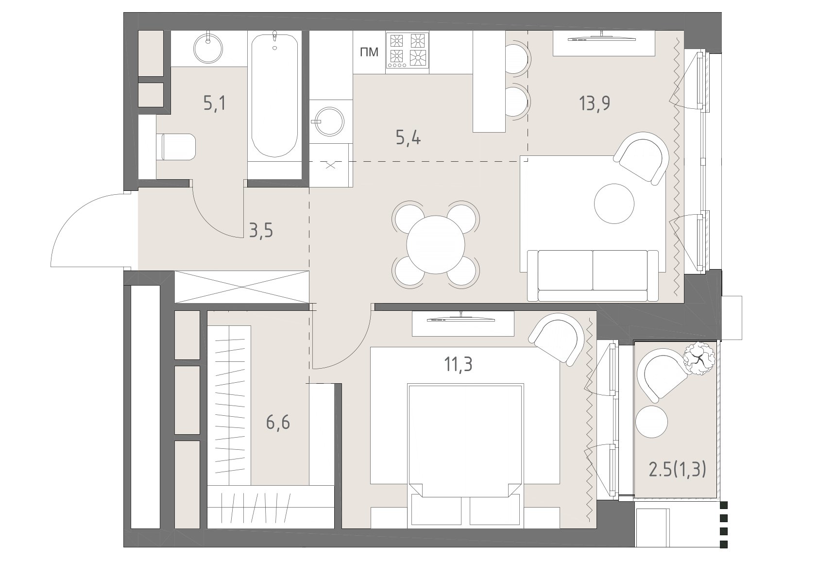 Планировка: 2-комнатная, 47,1 м²