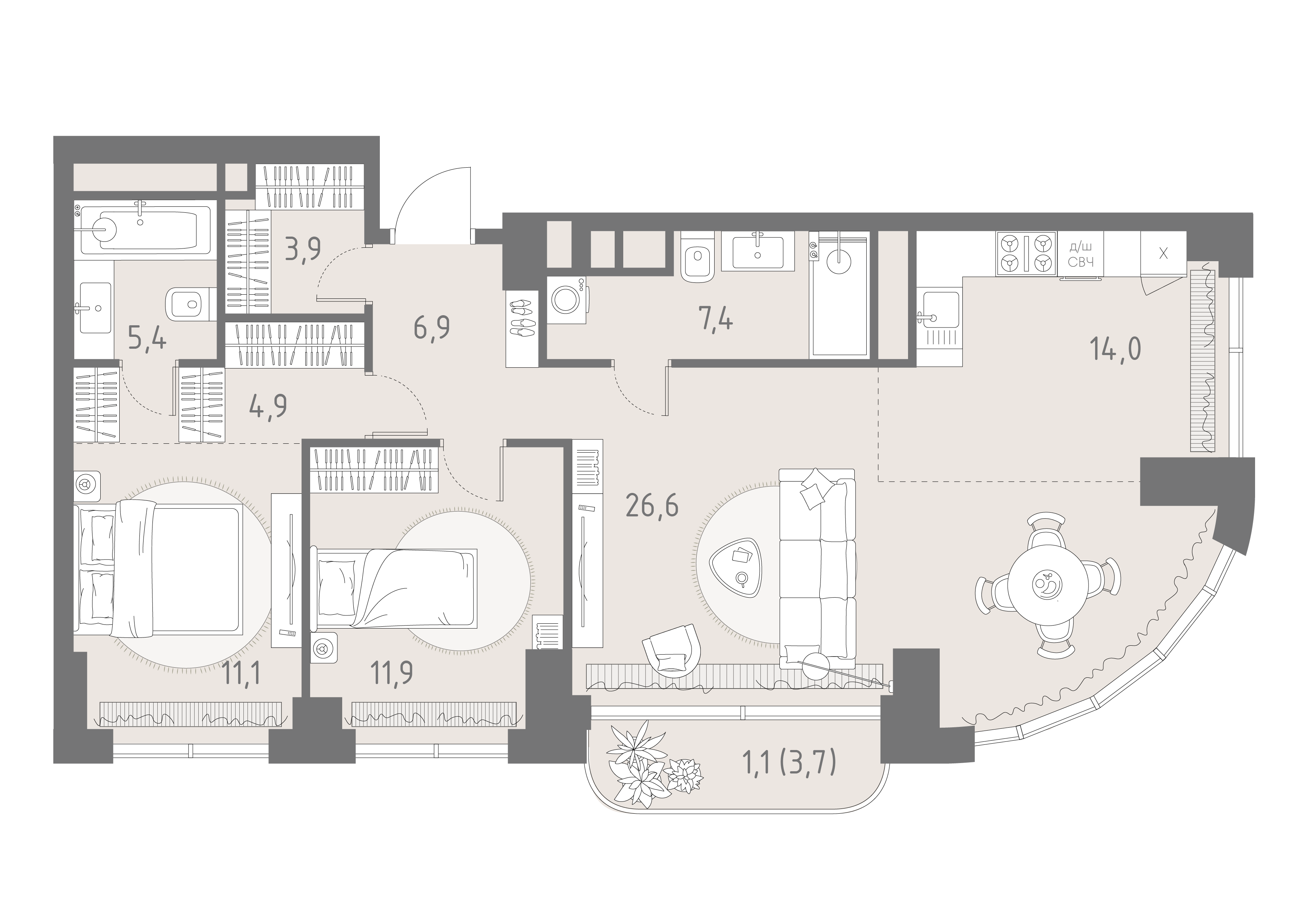 Планировка: 3-комнатная, 93,2 м²