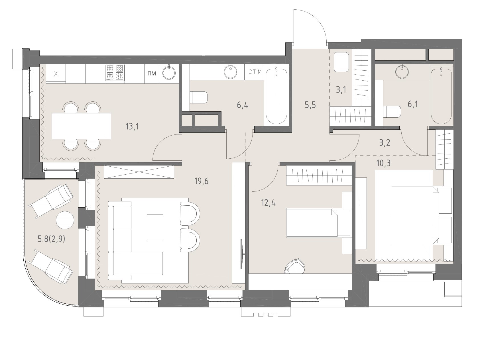 Планировка: 3-комнатная, 82,6 м²