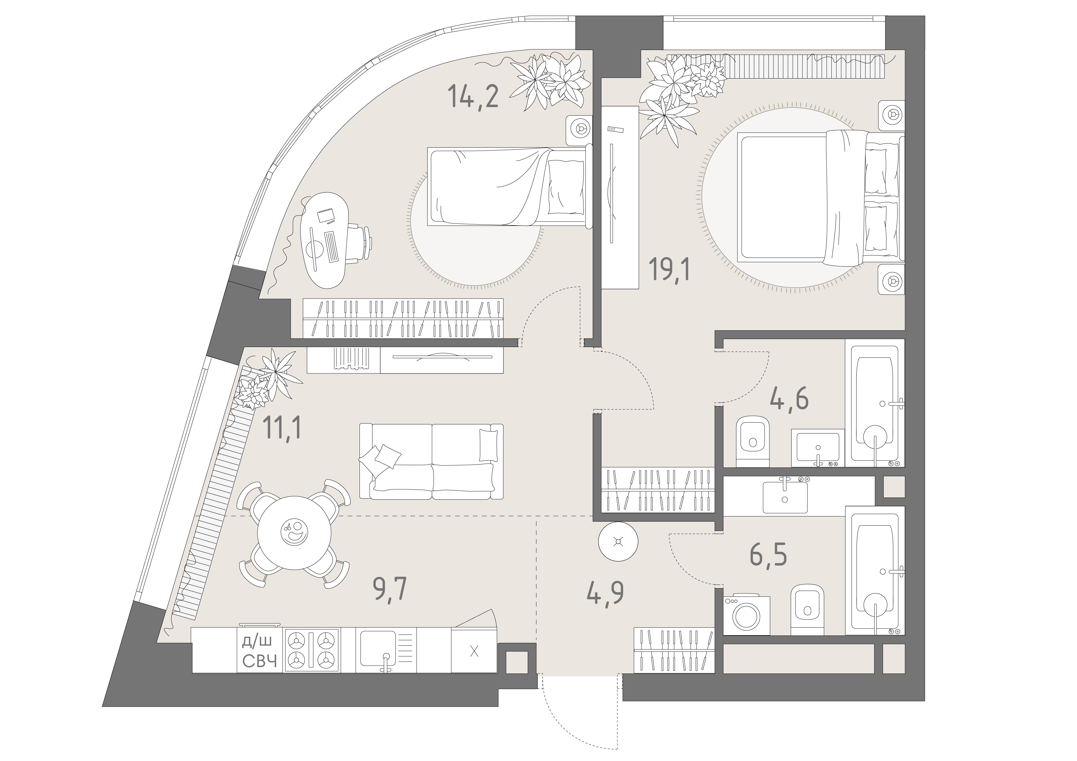 Планировка: 3-комнатная, 70,1 м²