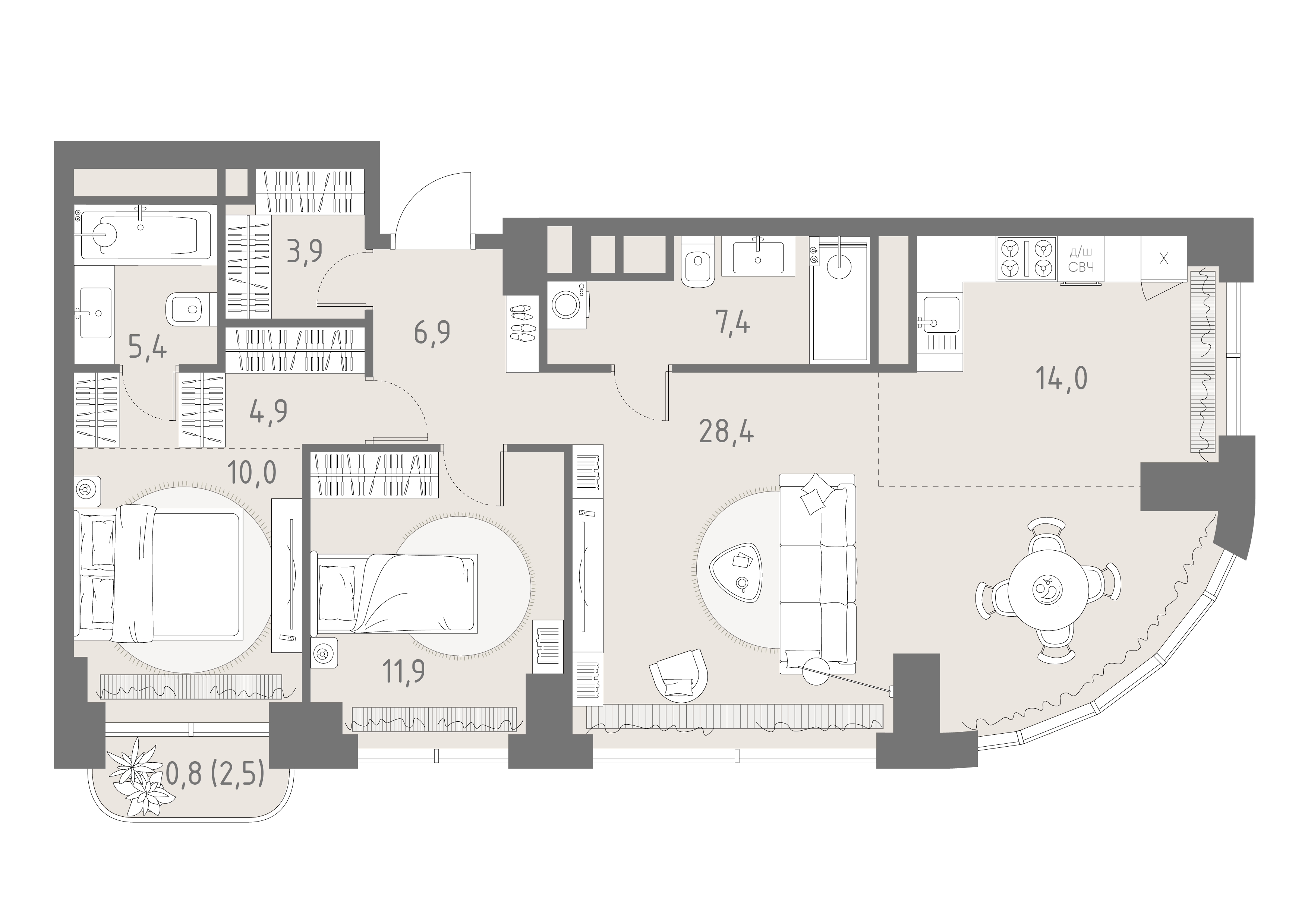 Планировка: 3-комнатная, 93,6 м²
