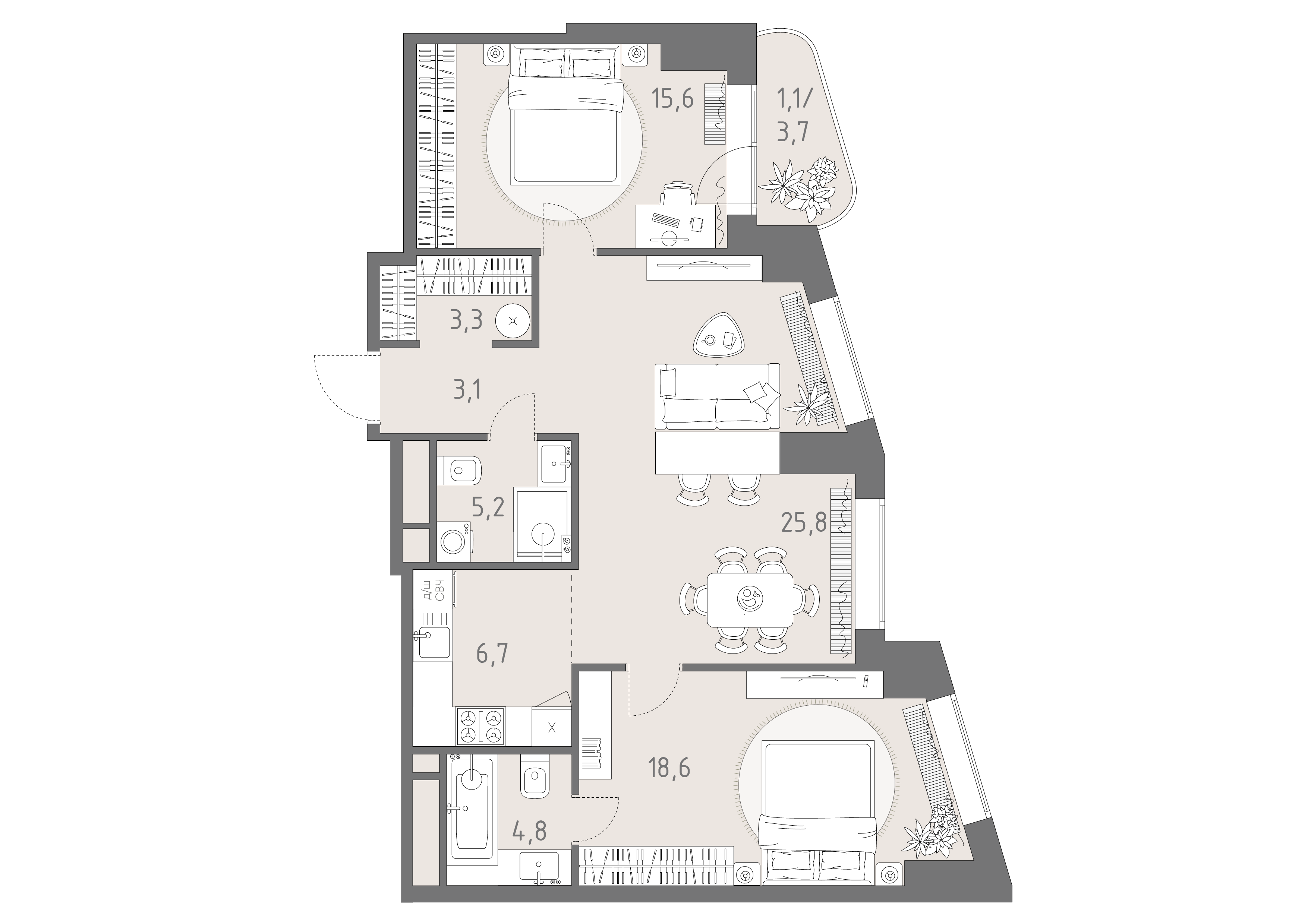 Планировка: 3-комнатная, 84,2 м²