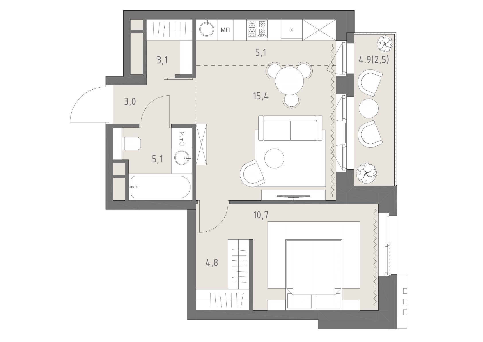 Планировка: 2-комнатная, 49,7 м²