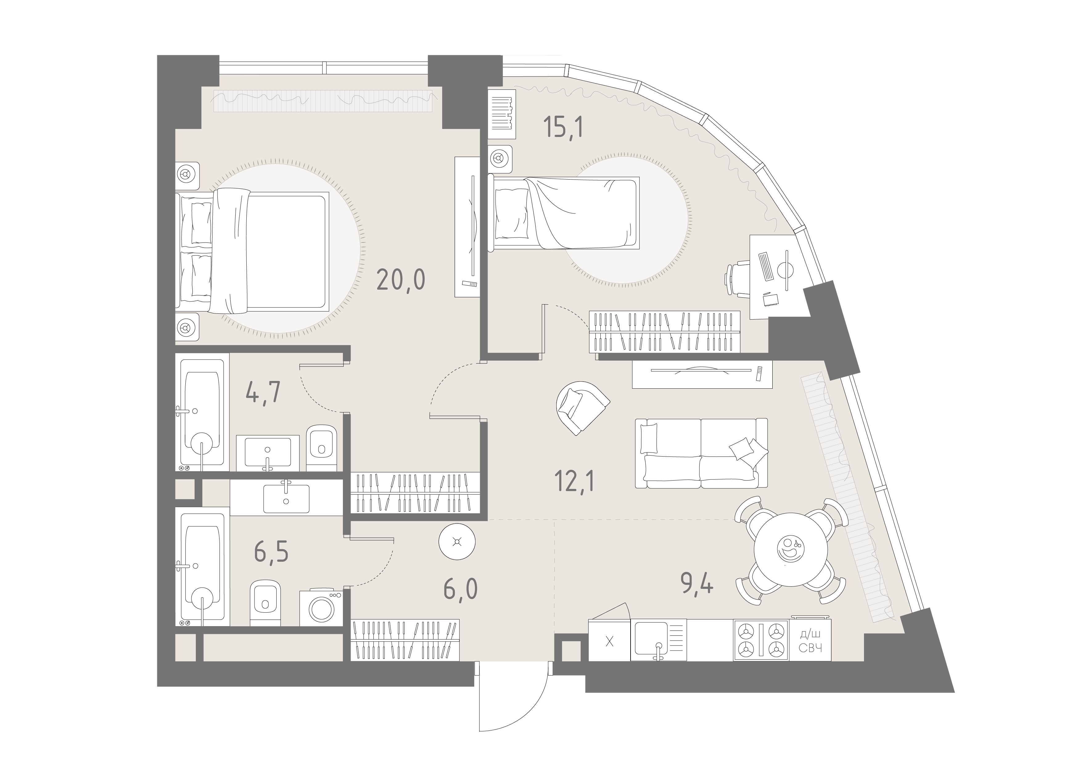 Планировка: 3-комнатная, 73,8 м²