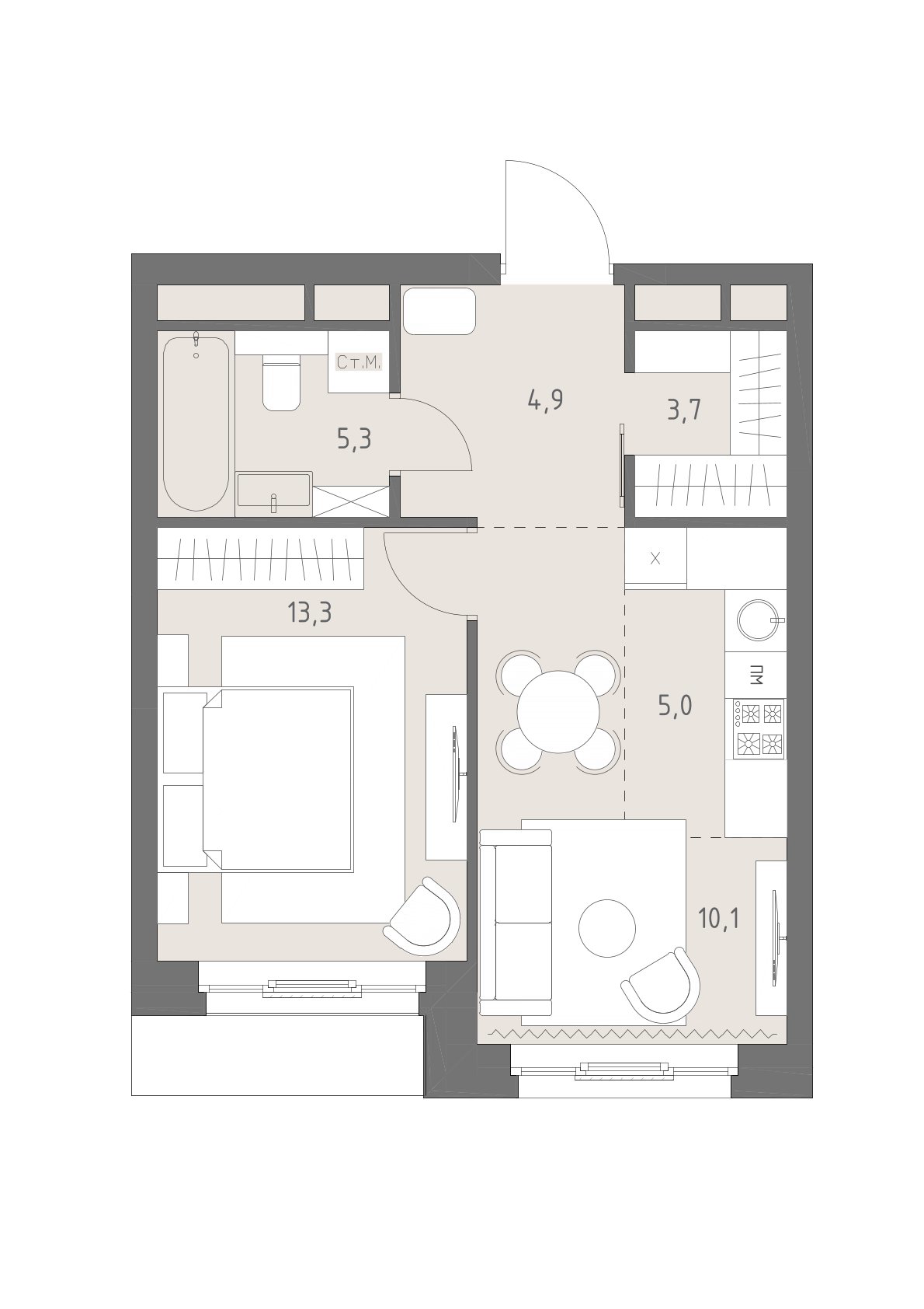 Планировка: 2-комнатная, 42,3 м²