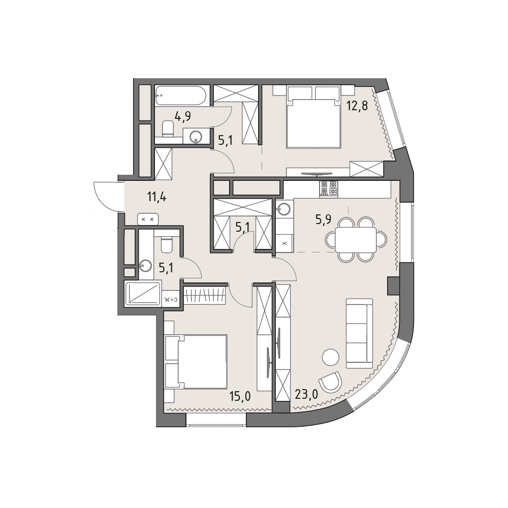 Планировка: 3-комнатная, 88,1 м²