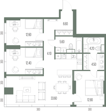 Планировка: 3-комнатная, 96,4 м²