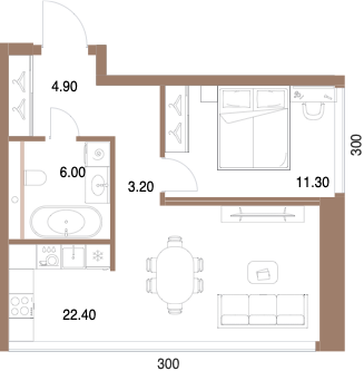 Планировка: 1-комнатная, 47,8 м²