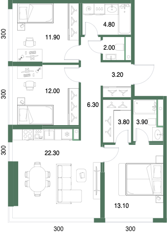 Планировка: 3-комнатная, 83,3 м²