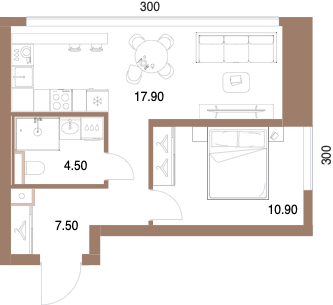 Планировка: 1-комнатная, 40,8 м²
