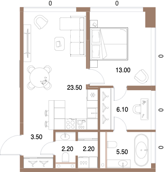 Планировка: 1-комнатная, 56 м²