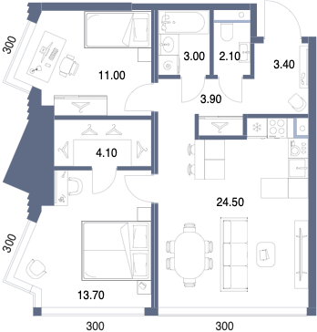 Планировка: 2-комнатная, 65,7 м²