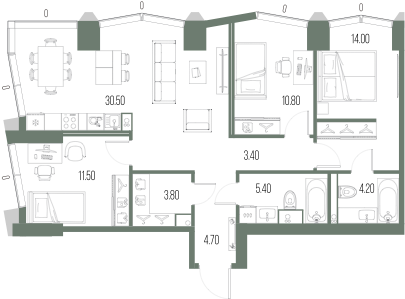 Планировка: 3-комнатная, 88,3 м²