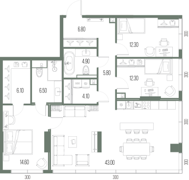 Планировка: 3-комнатная, 116,4 м²