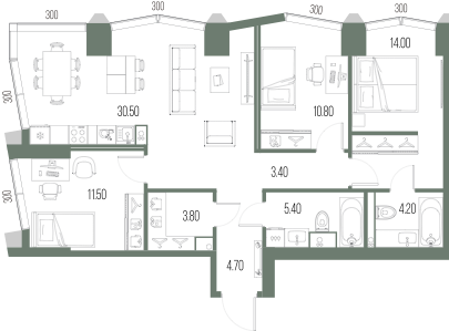Планировка: 3-комнатная, 88,3 м²