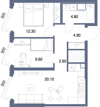 Планировка: 2-комнатная, 54,4 м²