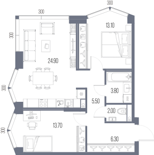 Планировка: 2-комнатная, 69,3 м²