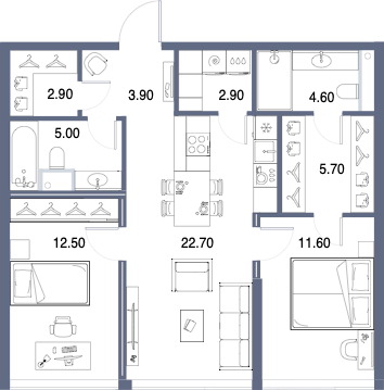 Планировка: 2-комнатная, 71,8 м²