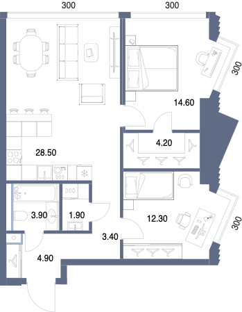 Планировка: 2-комнатная, 73,7 м²