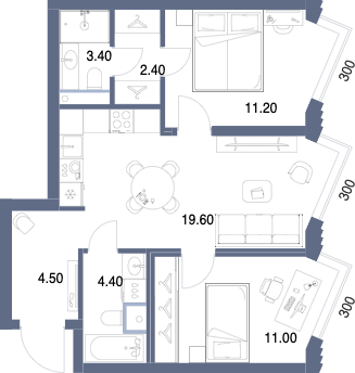 Планировка: 2-комнатная, 56,5 м²