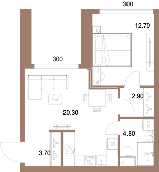 Планировка: 1-комнатная, 44,4 м²