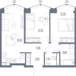 Планировка: 2-комнатная, 59,1 м²