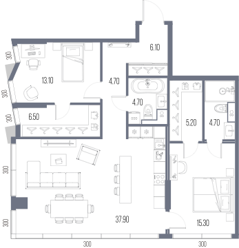 Планировка: 2-комнатная, 98,2 м²