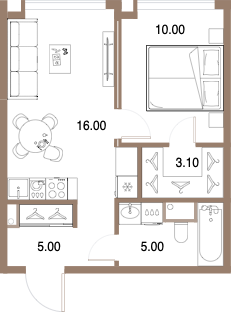 Планировка: 1-комнатная, 39,1 м²