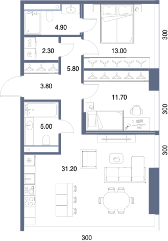 Планировка: 2-комнатная, 77,7 м²