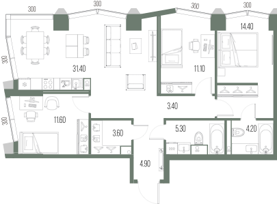 Планировка: 3-комнатная, 89,9 м²