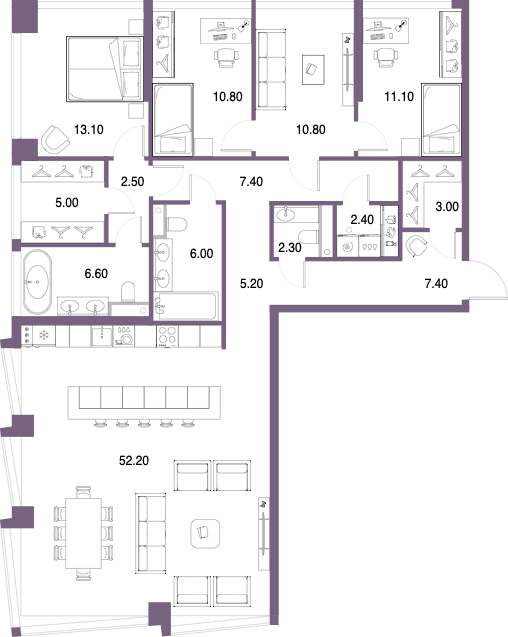 Планировка: 4-комнатная, 146,1 м²
