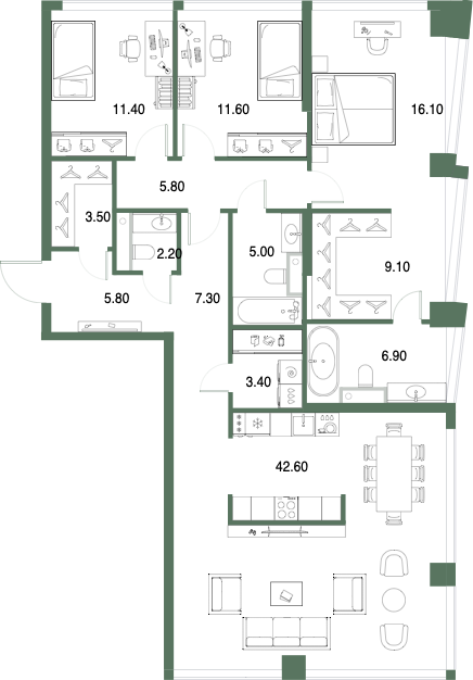 Планировка: 3-комнатная, 130,7 м²