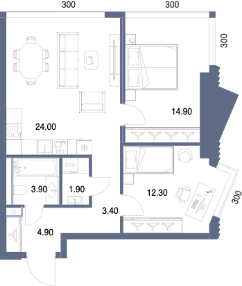 Планировка: 2-комнатная, 65,3 м²