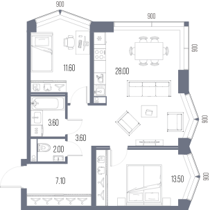 Планировка: 2-комнатная, 69,4 м²