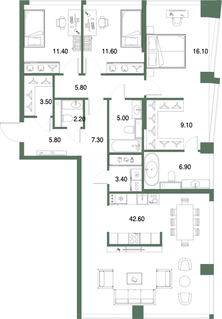 Планировка: 3-комнатная, 130,7 м²