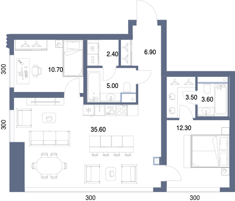 Планировка: 2-комнатная, 80 м²