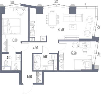 Планировка: 2-комнатная, 71,8 м²