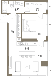 Планировка: 1-комнатная, 58,1 м²