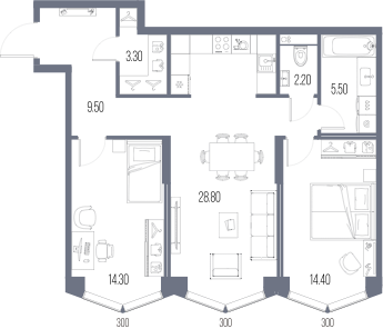 Планировка: 2-комнатная, 78 м²