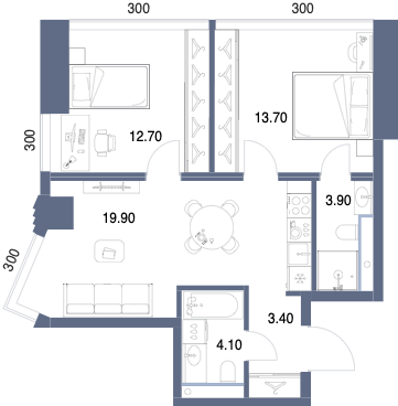 Планировка: 2-комнатная, 57,6 м²
