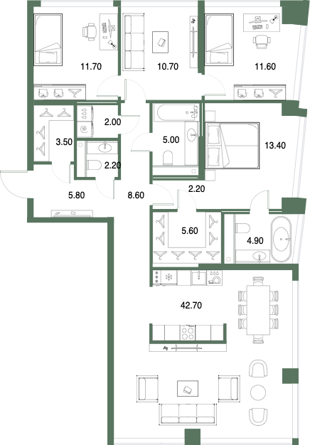 Планировка: 3-комнатная, 129,9 м²