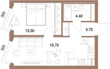 Планировка: 1-комнатная, 41,1 м²