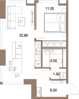 Планировка: 1-комнатная, 45,5 м²