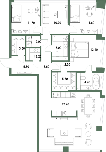 Планировка: 3-комнатная, 129,9 м²