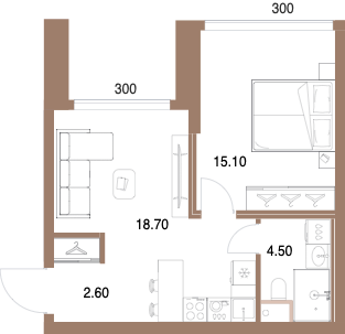 Планировка: 1-комнатная, 40,9 м²