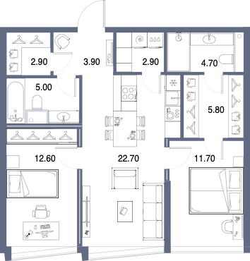 Планировка: 2-комнатная, 72,2 м²