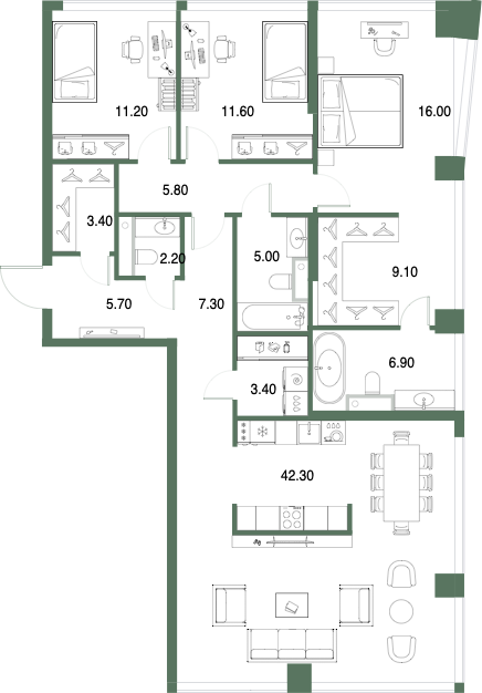 Планировка: 3-комнатная, 129,9 м²