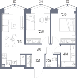 Планировка: 2-комнатная, 59,1 м²