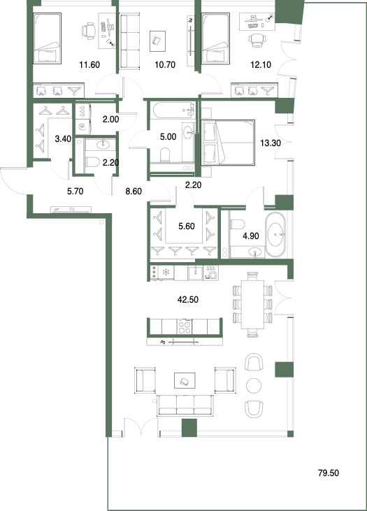 Планировка: 3-комнатная, 129,8 м²