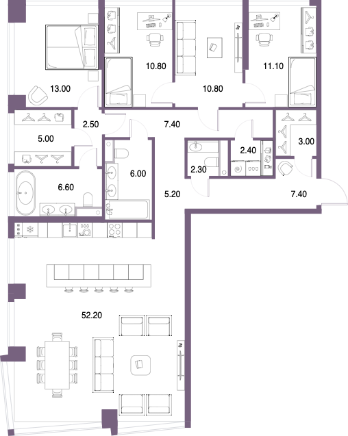 Планировка: 4-комнатная, 145,7 м²